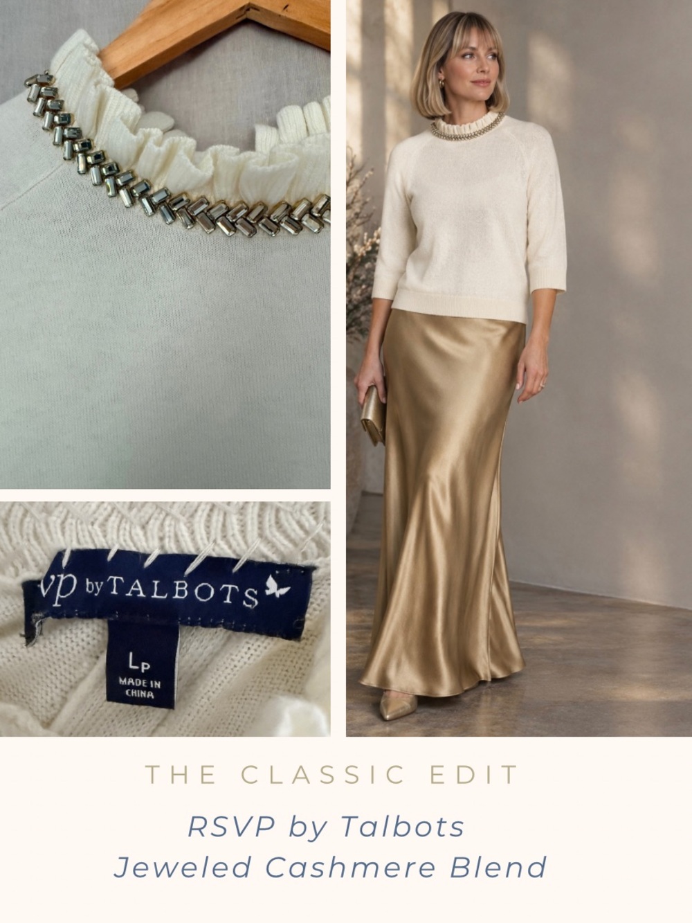 Talbots Cream Jeweled Collar Cashmere-Blend 3/4 Sleeve Sweater | Petite Large